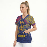 Personalized Armenia Scrub Top Golden Eagle And Lion Khachkar