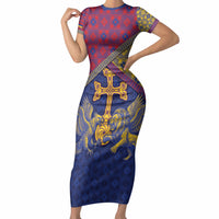 Armenia Short Sleeve Bodycon Dress Golden Eagle And Lion Khachkar