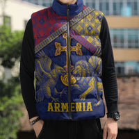 Personalized Armenia Sleeveless Puffer Jacket Golden Eagle And Lion Khachkar
