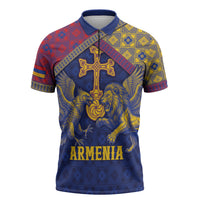 Personalized Armenia Zipper Polo Shirt Golden Eagle And Lion Khachkar