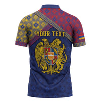 Personalized Armenia Zipper Polo Shirt Golden Eagle And Lion Khachkar