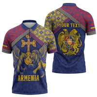 Personalized Armenia Zipper Polo Shirt Golden Eagle And Lion Khachkar