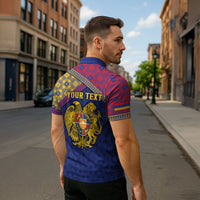 Personalized Armenia Zipper Polo Shirt Golden Eagle And Lion Khachkar
