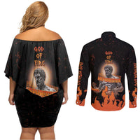 Ancient Greek Hephaestus Couples Matching Off Shoulder Short Dress and Long Sleeve Button Shirt God Of Fire - Wonder Print Shop