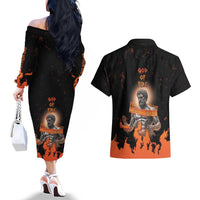 Ancient Greek Hephaestus Couples Matching Off The Shoulder Long Sleeve Dress and Hawaiian Shirt God Of Fire - Wonder Print Shop