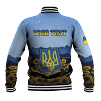 Personalized Ukraine Baseball Jacket Coat Of Arms On Sunflower Field - Wonder Print Shop