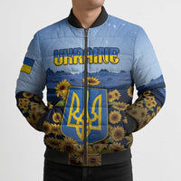 Personalized Ukraine Bomber Puffer Jacket Coat Of Arms On Sunflower Field - Wonder Print Shop