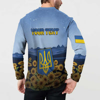 Personalized Ukraine Button Sweatshirt Coat Of Arms On Sunflower Field - Wonder Print Shop