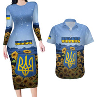 Personalized Ukraine Couples Matching Long Sleeve Bodycon Dress and Hawaiian Shirt Coat Of Arms On Sunflower Field - Wonder Print Shop