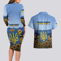 Personalized Ukraine Couples Matching Long Sleeve Bodycon Dress and Hawaiian Shirt Coat Of Arms On Sunflower Field - Wonder Print Shop