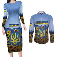 Personalized Ukraine Couples Matching Long Sleeve Bodycon Dress and Long Sleeve Button Shirt Coat Of Arms On Sunflower Field - Wonder Print Shop