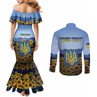 Personalized Ukraine Couples Matching Mermaid Dress and Long Sleeve Button Shirt Coat Of Arms On Sunflower Field - Wonder Print Shop