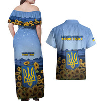 Personalized Ukraine Couples Matching Off Shoulder Maxi Dress and Hawaiian Shirt Coat Of Arms On Sunflower Field - Wonder Print Shop