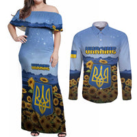 Personalized Ukraine Couples Matching Off Shoulder Maxi Dress and Long Sleeve Button Shirt Coat Of Arms On Sunflower Field - Wonder Print Shop