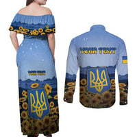 Personalized Ukraine Couples Matching Off Shoulder Maxi Dress and Long Sleeve Button Shirt Coat Of Arms On Sunflower Field - Wonder Print Shop