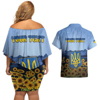 Personalized Ukraine Couples Matching Off Shoulder Short Dress and Hawaiian Shirt Coat Of Arms On Sunflower Field - Wonder Print Shop