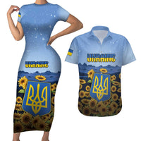 Personalized Ukraine Couples Matching Short Sleeve Bodycon Dress and Hawaiian Shirt Coat Of Arms On Sunflower Field - Wonder Print Shop