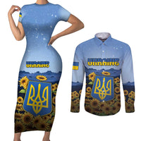 Personalized Ukraine Couples Matching Short Sleeve Bodycon Dress and Long Sleeve Button Shirt Coat Of Arms On Sunflower Field - Wonder Print Shop