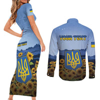 Personalized Ukraine Couples Matching Short Sleeve Bodycon Dress and Long Sleeve Button Shirt Coat Of Arms On Sunflower Field - Wonder Print Shop
