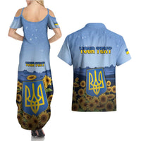 Personalized Ukraine Couples Matching Summer Maxi Dress and Hawaiian Shirt Coat Of Arms On Sunflower Field - Wonder Print Shop