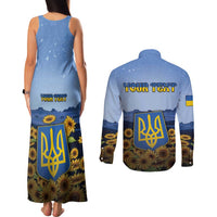 Personalized Ukraine Couples Matching Tank Maxi Dress and Long Sleeve Button Shirt Coat Of Arms On Sunflower Field - Wonder Print Shop