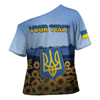 Personalized Ukraine Cross Shoulder Shirt Coat Of Arms On Sunflower Field - Wonder Print Shop