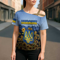 Personalized Ukraine Cross Shoulder Shirt Coat Of Arms On Sunflower Field - Wonder Print Shop