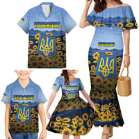 Personalized Ukraine Family Matching Mermaid Dress and Hawaiian Shirt Coat Of Arms On Sunflower Field - Wonder Print Shop