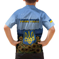 Personalized Ukraine Family Matching Off The Shoulder Long Sleeve Dress and Hawaiian Shirt Coat Of Arms On Sunflower Field - Wonder Print Shop