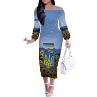 Personalized Ukraine Family Matching Off The Shoulder Long Sleeve Dress and Hawaiian Shirt Coat Of Arms On Sunflower Field - Wonder Print Shop