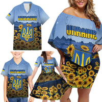 Personalized Ukraine Family Matching Off Shoulder Short Dress and Hawaiian Shirt Coat Of Arms On Sunflower Field - Wonder Print Shop