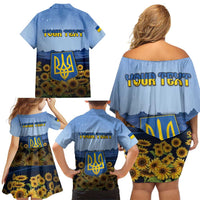 Personalized Ukraine Family Matching Off Shoulder Short Dress and Hawaiian Shirt Coat Of Arms On Sunflower Field - Wonder Print Shop