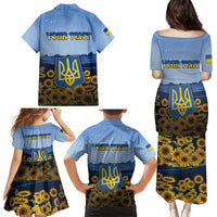 Personalized Ukraine Family Matching Puletasi and Hawaiian Shirt Coat Of Arms On Sunflower Field - Wonder Print Shop