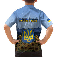 Personalized Ukraine Family Matching Short Sleeve Bodycon Dress and Hawaiian Shirt Coat Of Arms On Sunflower Field - Wonder Print Shop