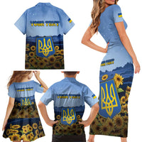 Personalized Ukraine Family Matching Short Sleeve Bodycon Dress and Hawaiian Shirt Coat Of Arms On Sunflower Field - Wonder Print Shop