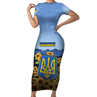 Personalized Ukraine Family Matching Short Sleeve Bodycon Dress and Hawaiian Shirt Coat Of Arms On Sunflower Field - Wonder Print Shop