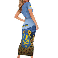 Personalized Ukraine Family Matching Short Sleeve Bodycon Dress and Hawaiian Shirt Coat Of Arms On Sunflower Field - Wonder Print Shop