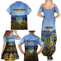 Personalized Ukraine Family Matching Summer Maxi Dress and Hawaiian Shirt Coat Of Arms On Sunflower Field - Wonder Print Shop