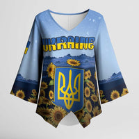 Personalized Ukraine Kimono Sleeve Blouse Coat Of Arms On Sunflower Field - Wonder Print Shop