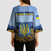 Personalized Ukraine Kimono Sleeve Blouse Coat Of Arms On Sunflower Field - Wonder Print Shop