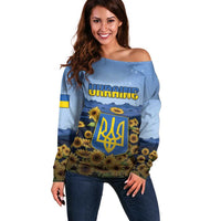 Personalized Ukraine Off Shoulder Sweater Coat Of Arms On Sunflower Field - Wonder Print Shop