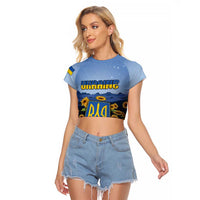 Personalized Ukraine Raglan Cropped T Shirt Coat Of Arms On Sunflower Field - Wonder Print Shop