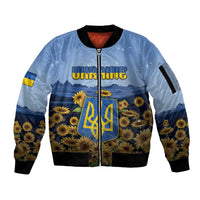 Personalized Ukraine Sleeve Zip Bomber Jacket Coat Of Arms On Sunflower Field - Wonder Print Shop