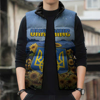 Personalized Ukraine Sleeveless Puffer Jacket Coat Of Arms On Sunflower Field - Wonder Print Shop