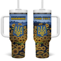 Personalized Ukraine Tumbler With Handle Coat Of Arms On Sunflower Field - Wonder Print Shop