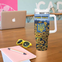 Personalized Ukraine Tumbler With Handle Coat Of Arms On Sunflower Field - Wonder Print Shop