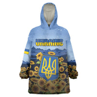Personalized Ukraine Wearable Blanket Hoodie Coat Of Arms On Sunflower Field - Wonder Print Shop