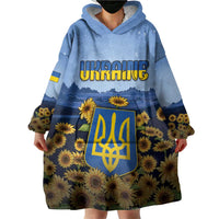 Personalized Ukraine Wearable Blanket Hoodie Coat Of Arms On Sunflower Field - Wonder Print Shop