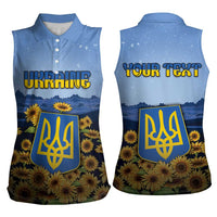 Personalized Ukraine Women Sleeveless Polo Shirt Coat Of Arms On Sunflower Field - Wonder Print Shop