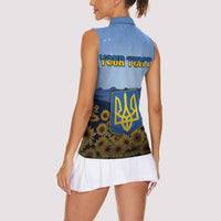 Personalized Ukraine Women Sleeveless Polo Shirt Coat Of Arms On Sunflower Field - Wonder Print Shop